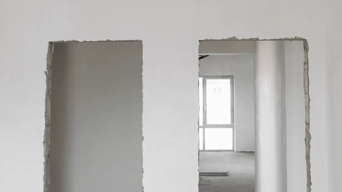 Unfinished interior with newly plastered walls and open doorways